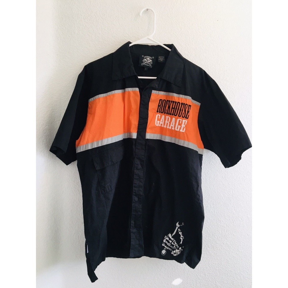 Men's L ROCKHOUSE ROADHOUSE GARAGE Short Sleeve Button Down Embroidered Shirt